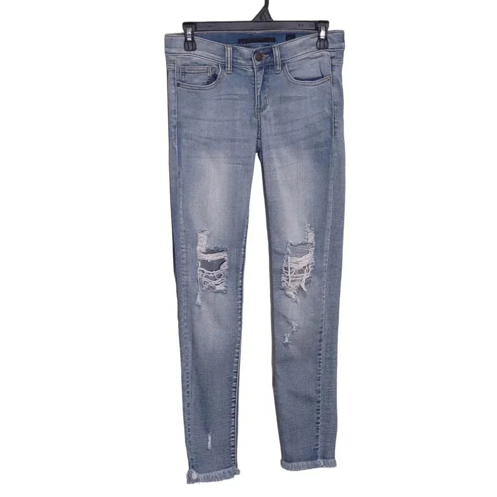 SP Black Label Frayed Skinny Distressed Blue Wash Straight Denim Jeans - Picture 1 of 8